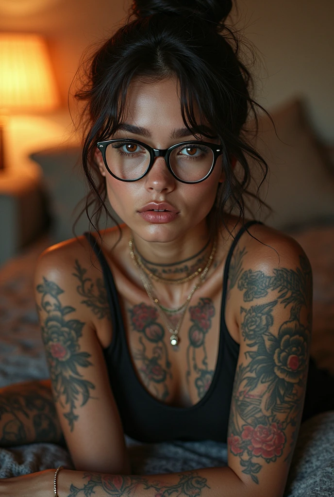 masterpiece, best quality, realistic, highly detailed, 2girl, duo, twins, (body shot), poker face, short wolfcut hair, black hair, glasses, large breast, ( Lying in bed, Lips pierced, ((full tatto on neck)), beautiful girl, A tomboy face, Flat face without expression, bedroom background, detail eyes, detail hair, perfect lighting, wearing tight mini sexy Minimalist bedtime dresses