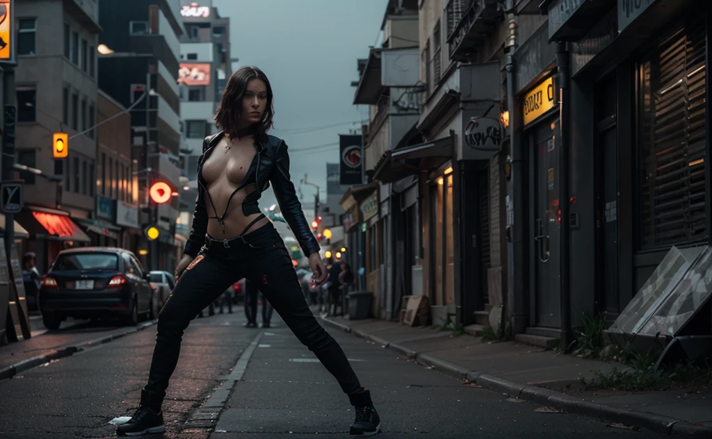 solo, looking at viewer, ((best quality)), ((masterpiece)), (detailed), perfect face, (HannahG), HannahG kneeling in a cyberpunk city, long straight hair, brown hair, brown eyes, smile, perfect breasts, hands on breasts, pink sweater, exposing breasts, areolas, nipples out, futuristic cyberpunk city, futuristic cyberpunk cars, night, neon lights, people in background,