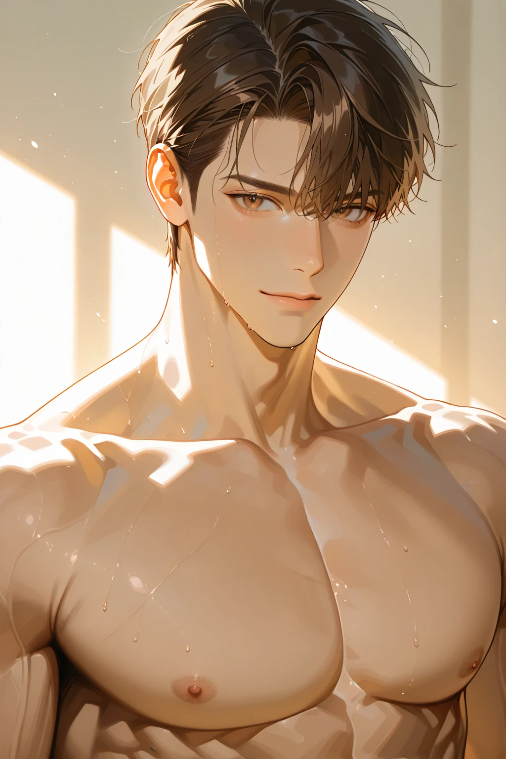 Portrait of a beautiful boy of 17 years, he holds a balance, justice, studio, light brown hair, almond-shaped eyes, bodybuilder, naked torso, white Roman toga, face with European features, fine facial features, beautiful body, sculpture-like body Greek.