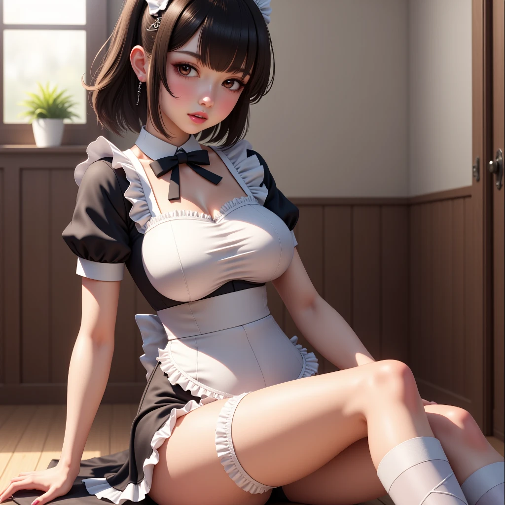 Great work,tmasterpiece,Ultra photo realsisim,hyper-detailing,ultra - detailed,1girll,perfect face,Delicate makeup(Heavy makeup),slim toned body(One hand),Big breasts semi-leakage,Dressed in a pink and white sexy maid outfit and matching accessories,stocklings,耳Nipple Ring,lipsticks,Visiting actions,full body detailing,Full body photo,Dark colors,with black background,Wallpapers