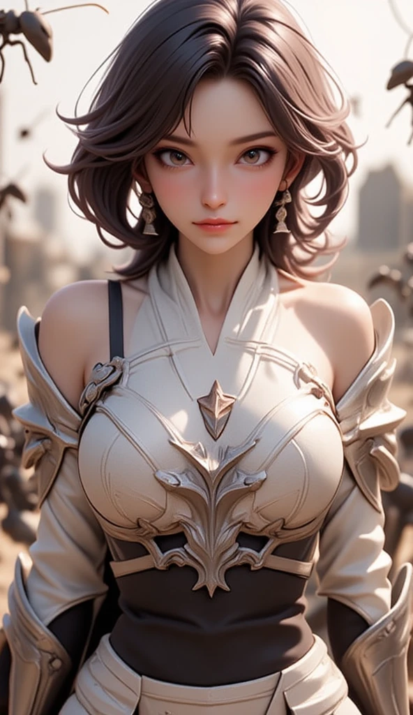 beautiful japanese young woman, wearing spiderwoman armor made of papyrus, thick symmetrical features, very short hair, background is cherry blossoms, pink aura, red lips, octane render,, ((huge breasts:1.2))