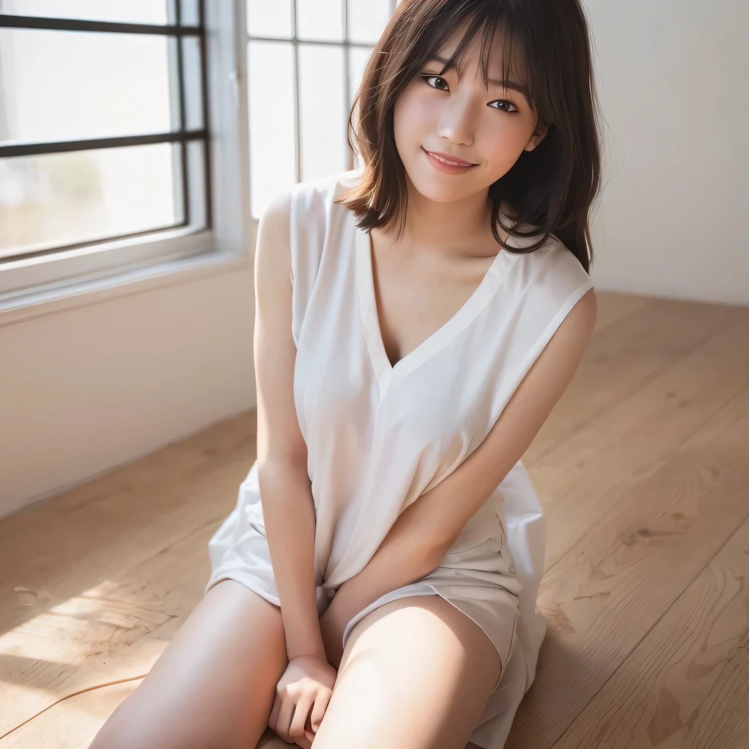 A young person sits on the polished wooden floor of a brightly lit gymnasium, knees drawn to their  with arms wrapped around their legs. White panties are visible. Soft light from tall windows reflects off the glossy floor, creating gentle patterns. Their relaxed posture suggests quiet contemplation as they gaze at the open space ahead. The gym walls, marked with faded sports lines and scattered equipment, frame the serene atmosphere.A 20-year-old woman smiles gently, friendly. (RAW photos, top quality), (realistic, photo-realistic:1.4), masterpiece, extremely delicate and beautiful, highly detailed, 2k wallpaper, ultra-detailed CG unity 8k wallpaper, ultra detail, high res, soft light, beautifully detailed girl looking back, extremely detailed eyes and face, beautifully detailed nose, cinematic lighting, perfect , slender body.  long hair, dark hair, dark eyes. 