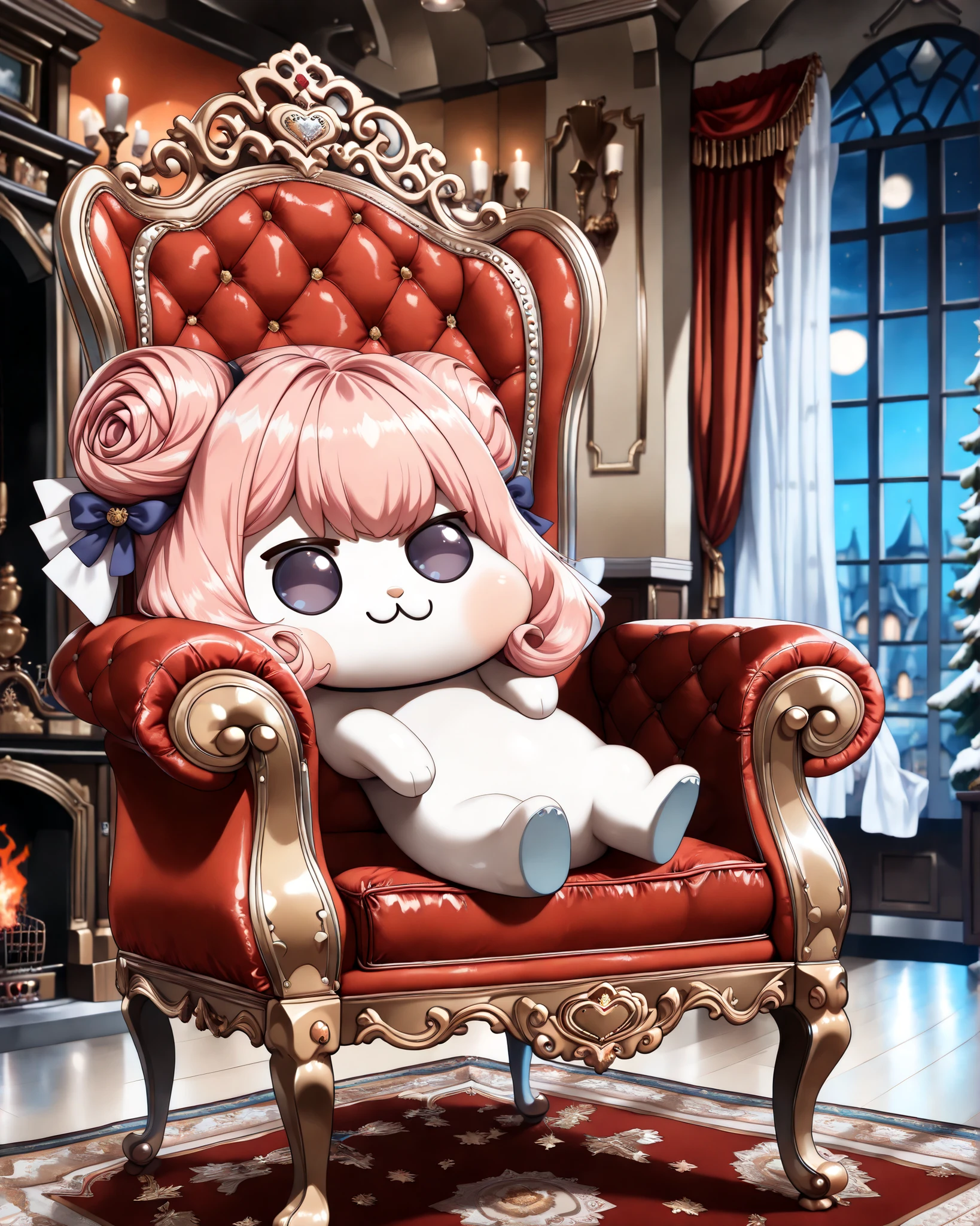 score_9, score_8_up, score_7_up, score_6_up, source_anime, (((absurdres))), (((128K Ultra High Resolution))), (masterpiece, best quality: 1. 5), (high definition: 1, 5), (((highres))), 8K wallpaper, (excellent graphics: 1. 5), CG, (best illustration, highly detailed artwork: 1. 5), (hyper realistic: 1. 5), ((cinematic lighting)), (intricate detail, extreme detailed, super detailed, exquisite details: 1. 5), (beautiful & aesthetic: 1. 5), ((photoreal)), (((very gorgeous and dazzling))), (solo), (1 Doro: 1. 5), (cute Doro: 1. 5), (tiny Doro, very small Doro: 1. 5), Doro, creature, :3, (((chibi))), (((pink hair, purple eyes, hair bun, hair bow, four legs, white skin, solid circle eyes, no pupils, no tail))), (white skin, white face:1. 5), (small head), (((closed eyes))), no humans, ((a feeling of warmth)), (Doro in livingroom: 1. 5), ((18th century Baroque, 18th century Baroque style living room with a fireplace)), (antique interior: 1. 5), (luxurious background, realistic background: 1. 5), ((window with luxury drapery curtains)), (1 fireplace: 1. 5), (antique fireplace, fire in the fireplace, brass antique fireplace tools), (((Doro is seated in a luxury velvet chair near the roaring fireplace))), (sleeping Doro, Doro sleeps with a smile: 1. 5), (chair in front of the fireplace, sit in a chair, Doro curls herself up on the chair, Doro falls fast asleep on the chair, luxury antique red plush velvet chair, soft red cushion on the chair: 1. 7), (high quality decoration: 1. 5), ((very luxury Persian carpet)), (happy moments: 1. 5), (((late night, moonlight))), the mood is romantic and elegance, (cozy lighting, warm interior, cozy atmosphere, pleasant cozy atmosphere: 1. 5), from side, (wide angle)