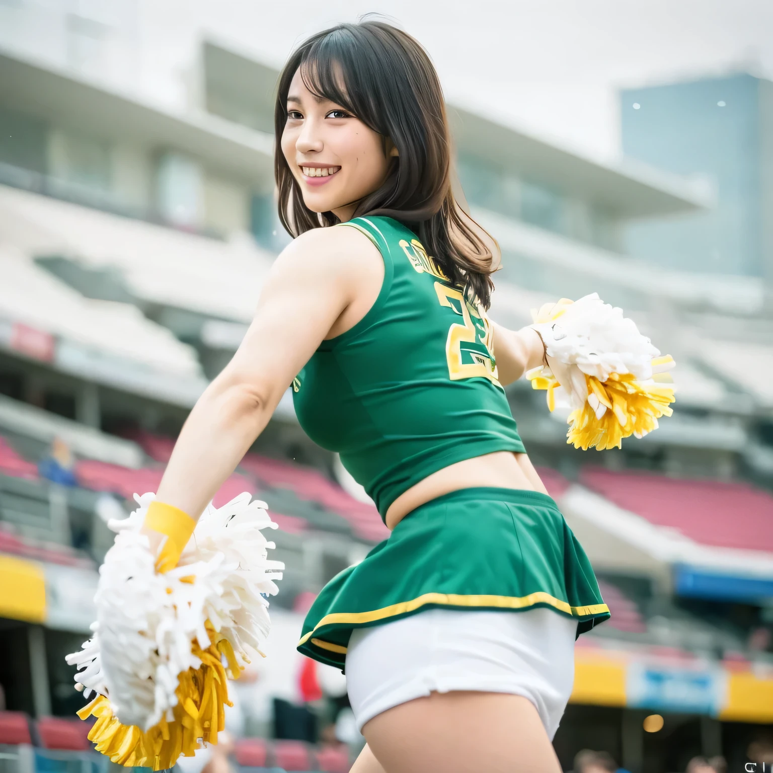 A young woman in a vibrant cheerleader costume stands under the dazzling floodlights of a soccer stadium. Her outfit, with a flared miniskirt and a bold, bright bow, sways with her energetic movements. She grips blue pompoms, their metallic shine catching the light as they flutter. One leg lifts high in an impressive cheerleading pose, showcasing her athleticism and grace. The stadium roars with excitement, the night sky contrasting against the vibrant green field. Her radiant smile and spirited presence energize both the players and the crowd, embodying the electric energy of the game.White panties are visible. A 20-year-old woman smiles gently, friendly. (RAW photos, top quality), (realistic, photo-realistic:1.4), masterpiece, extremely delicate and beautiful, highly detailed, 2k wallpaper, ultra-detailed CG unity 8k wallpaper, ultra detail, high res, soft light, beautifully detailed girl looking back, extremely detailed eyes and face, beautifully detailed nose, cinematic lighting, perfect , slender body.. long hair, dark hair, dark eyes. 