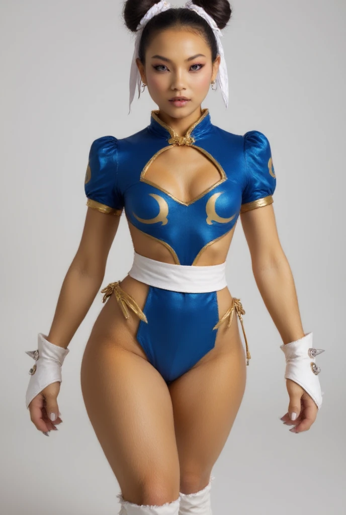 ((masterpiece, best quality)), ((23 year old)) (((Curvy))) ((Tall black woman with spiky white hair)), in (white halter bra)), pink blue and yellow vinyl neck-rings , blue and yellow vinyl armbands, ((white bikini briefs)), (pink and blue vinyl leg-rings), ((Smiling)), ((((photo realistic))))