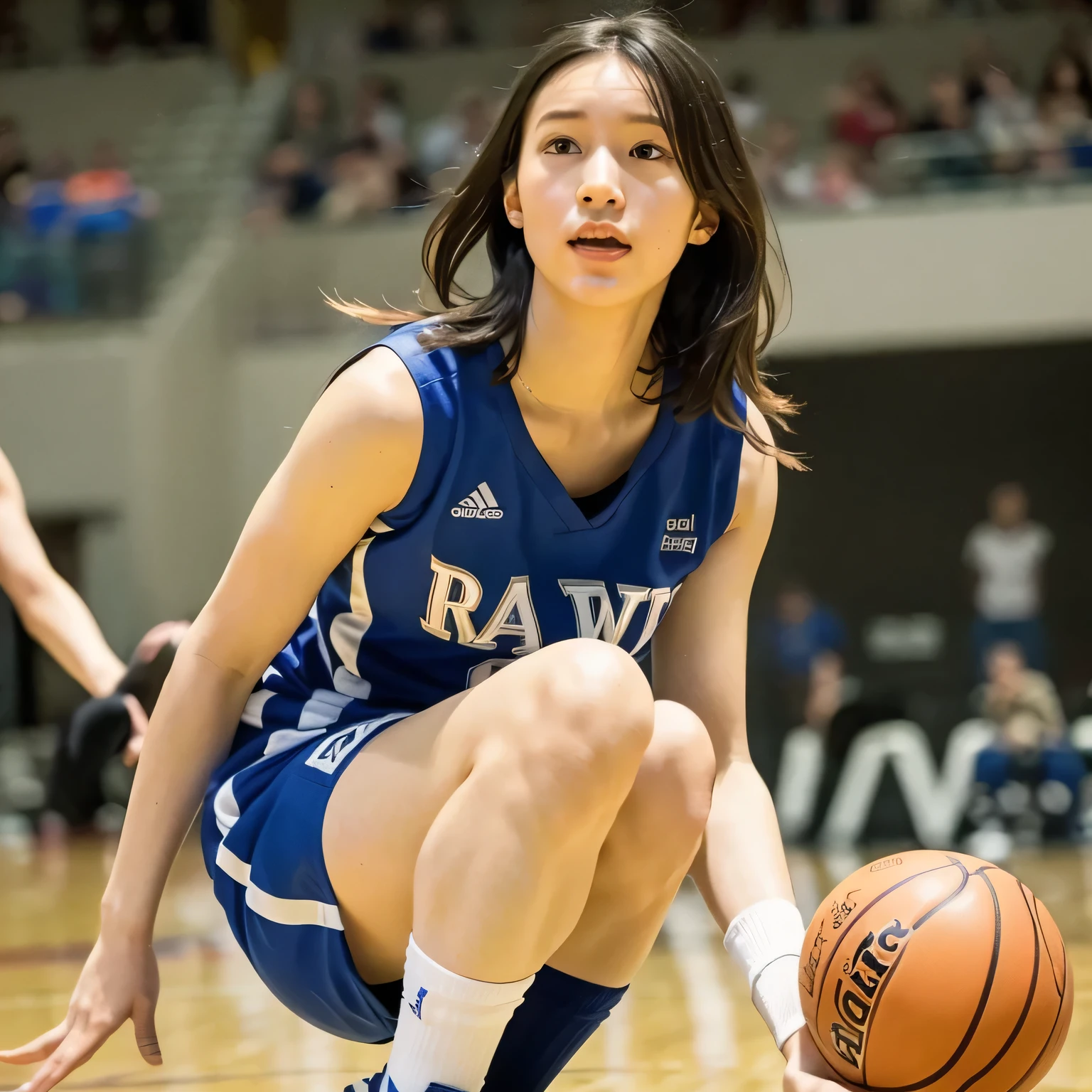 A young female basketball player makes a dynamic jump shot with elegance and control. She holds the ball firmly in both hands, her form showing strong confidence and skill. Her athletic uniform fits her form well, paired with high socks and sneakers in matching tones. Her neatly styled hair flies in motion as she leaps, with focused eyes locked on the basket. The polished gym floor reflects her movement under bright lights, capturing the intensity and competitive energy of the moment.
(RAW photo quality, photo-realistic:1.4), masterpiece, ultra-detailed, cinematic lighting, soft light, highly detailed face and body, extremely realistic eyes, perfect , slender body, high-res, ultra CG detail. long hair, dark hair, dark eyes. 