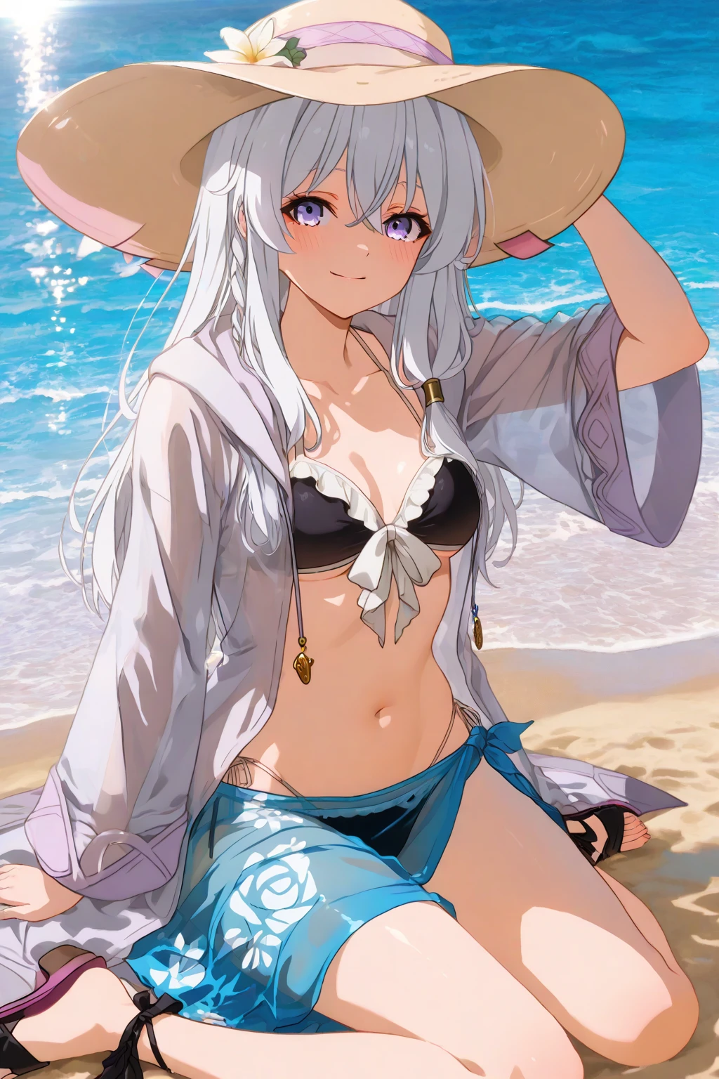 One girl, White hair with blue tips, light blue eyes, small, young, beach, bikini, hat