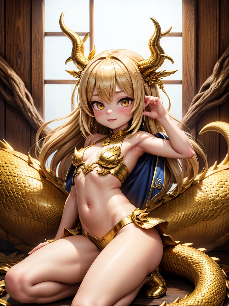 ((best quality)), ((Artwork)), (detailded), 1 girl, Dragon woman, cabellos largos dorados, golden armour, Golden Dragon Knight, golden wings, pinky skin, Eyes red, legs thick, blush cheeks, golden giant sword