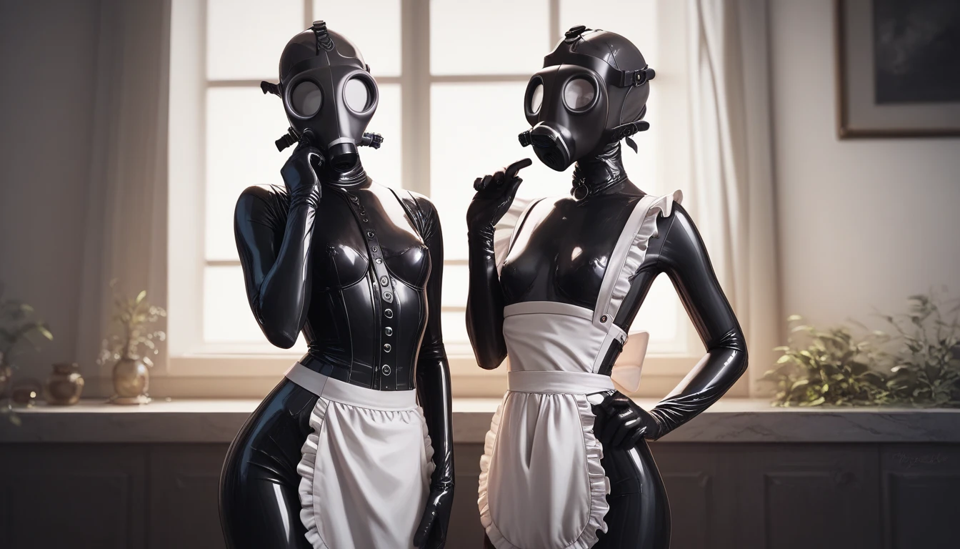 a fat woman in a gas mask, latex body suit, rubber apron and latex gloves