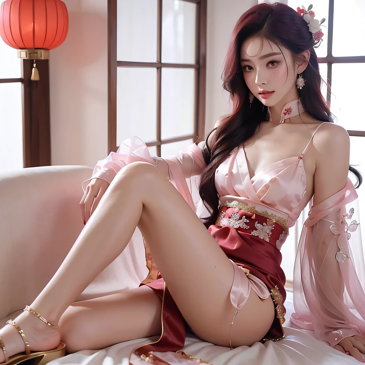 with blue sky and white clouds，mountain in the distance，pink flowers that，cherry tree，Hanfu woman,Phoenix Crown Tiara、Meticulous embroidery、Wearing Hanfu pantyhose、Wearing sleeveless Hanfu、Clear panties are clearly visible、Look at panties and panties、Bare oversized breasts、raw,(8K、top-quality、tmasterpiece:1.8)、(intricately details:1.8)、(真实感:1.8)、octane renderings、Complex 3D rendering hyper-detail, Studio soft light, Edge lights, vibrant detail, super detailing, realistic skin textures, detailface, beautidful eyes, Very detailed CG Unity 16k wallpaper, cosmetics, (detailedbackground:2.0), Skin glows、spread your legs，Camel toe showing thigh!!!、