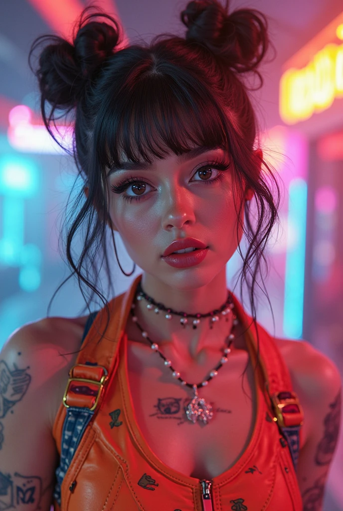 there is a woman posing in front of a poster with a monkey on it, frank kozik, with neon lights, angry high moral sexy werewolf, by Ignacio Zuloaga, burlesque psychobilly, sexy look, bold rave outfit, neon noir, maniac look, inspired by Tadanori Yokoo, alex yanes, by Matteo Pérez