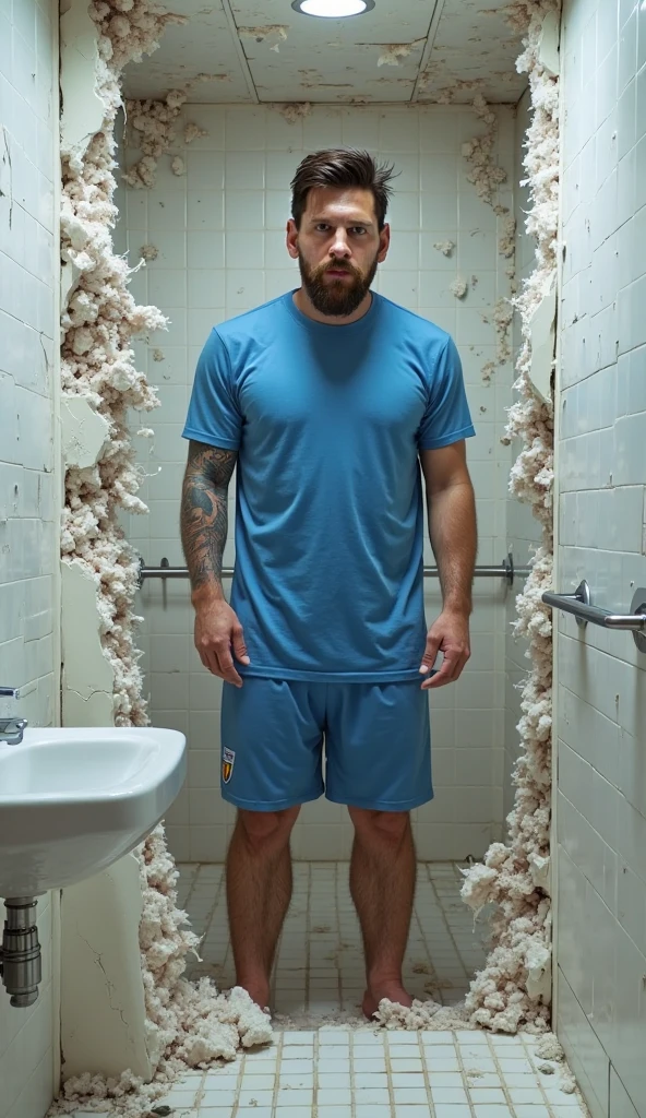 Handsome indian 38 years old GURJAR school physical teacher with football soccer shoes, head to thighs standing in school toilet with spread legs