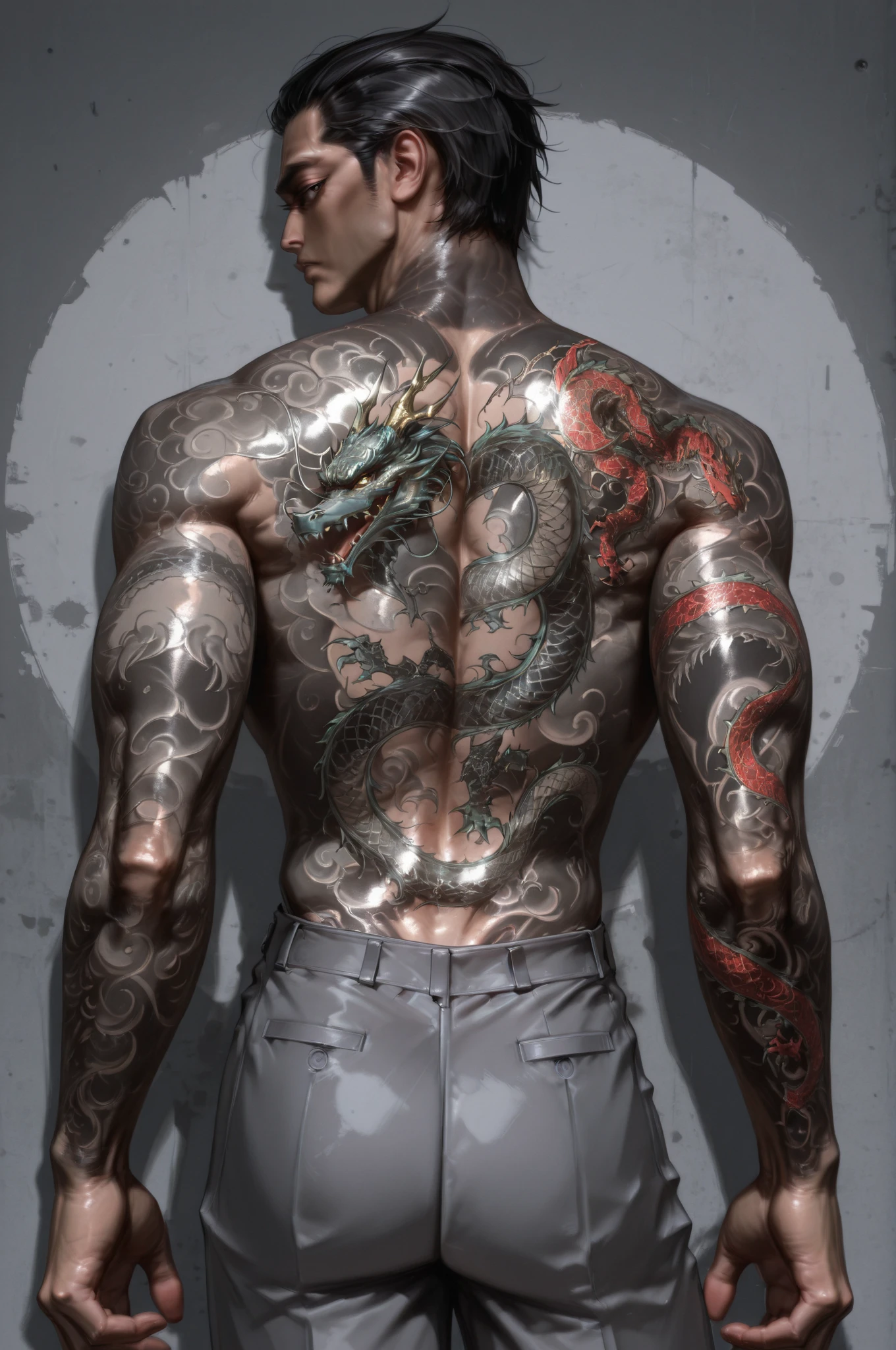 Black dragon tattoo on man's back,Has a monster tattoo on the butt --auto