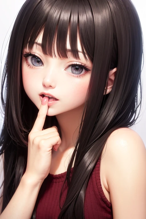 Photo Real、photoRealstic、独奏、full screen、full screen face、View from the side　A dark-haired、short-hair、Blunt bangs、Untidy hair、dishevled hair　drooing eyes、azure eyes、At the back of the throat、in mouth　Faces close、Face Close-up、Look here、Acme face、panting、AHE Face、put out the tongue、droolng、dripping saliva、Breath is rough、Sigh　In the futon、PILLOWS