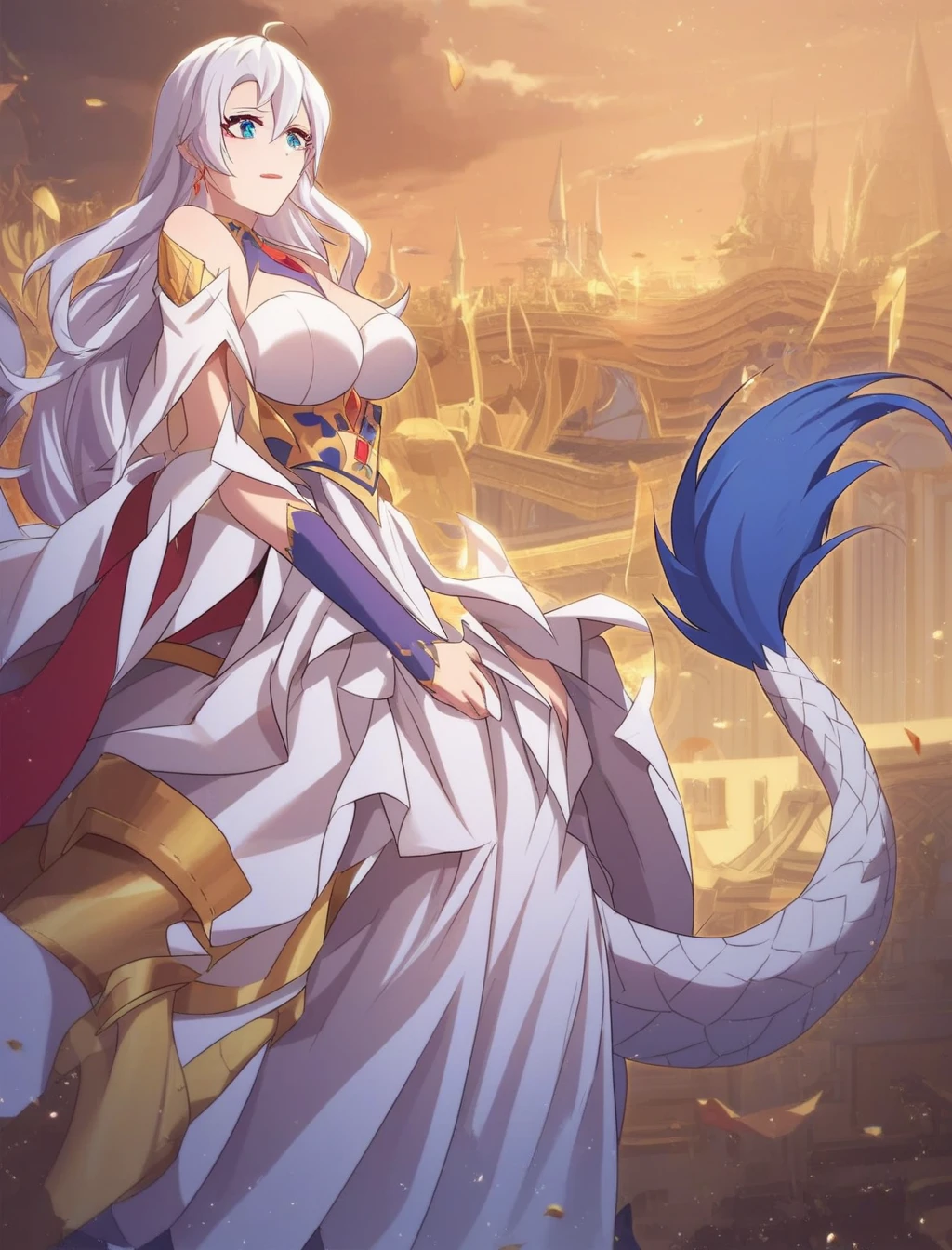 4K,High resolution,One Woman,lamia,Blonde,long hair,Blue Eyes,Huge boobs,goddess,White Holy Dress,Winged headgear,Jewelry decoration,Gold decoration,Holy Sword,temple