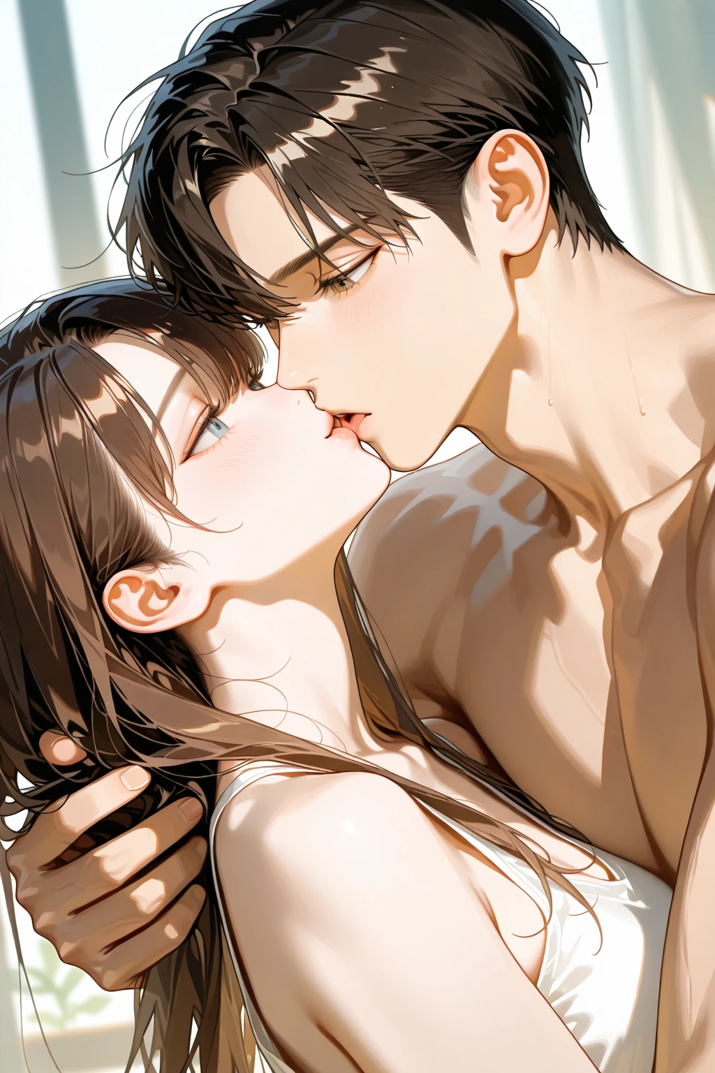 high quality, detailed, Realistic, (two 16 years old japanese boys), (detailed black eyes), (abs), (shiny skin), detailed nipples, black hair, (black tiny thong), (erected bulge), summer noon, close up face, laying, (sucking nipple:1.2),