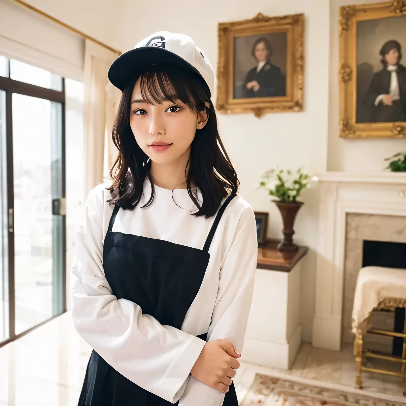 A breathtakingly beautiful 20-year-old woman stands in an opulent mansion room, dressed in a classic black-and-white maid outfit with a short hem and a white brim cap. Her confident smile radiates warmth. The room features elegant furnishings and decor befitting a grand estate, bathed in soft, natural lighting that enhances the sophisticated ambiance. long hair, dark hair, dark eyes. 