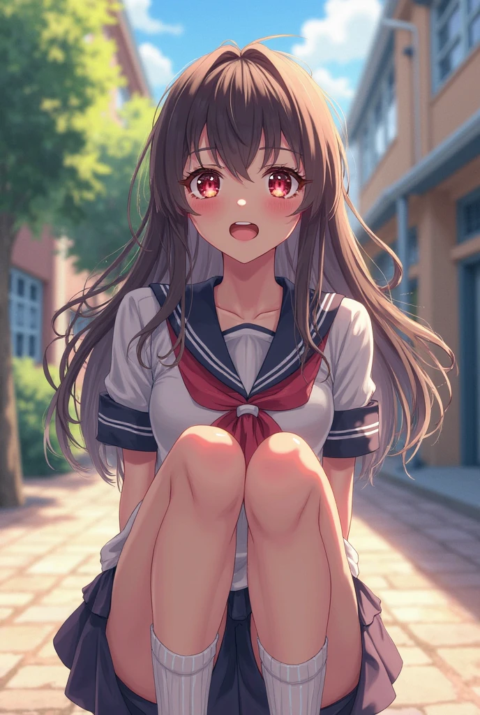 The upper part of the body、an oil painting、masterpiece、top-quality、hight resolution、long hair of red color、Tired hands on your knees、cleavage of the breast、White stripes々bura、white streaks々panties on、distressed face、Sweaty skin、school ground、blue-sky、tiny chest、