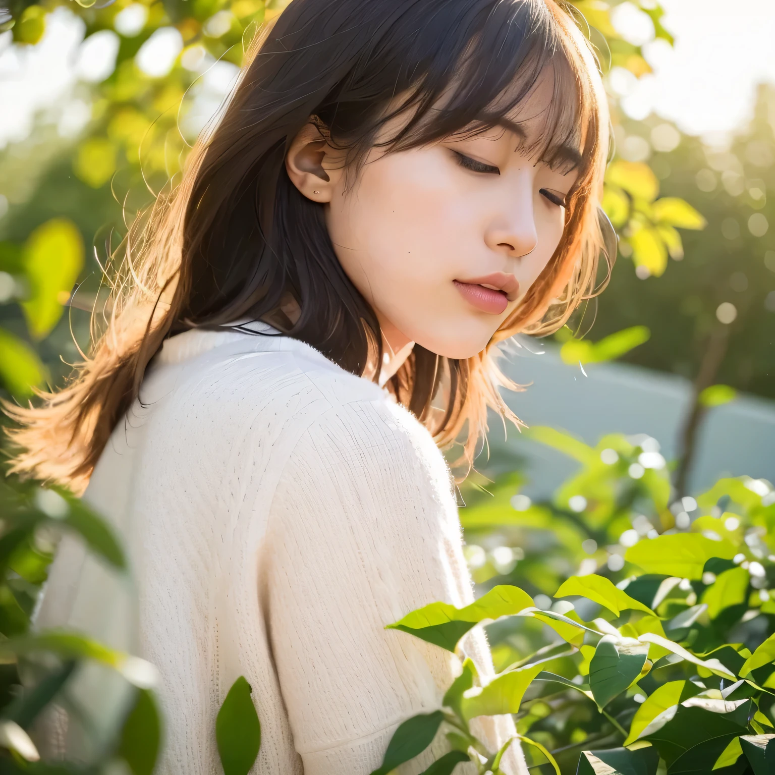 A breathtakingly beautiful 20-year-old woman stands in a lush green park at sunset, bathed in the warm golden light of the evening sun. Facing forward, her eyes gently closed, cheeks slightly flushed, and her face tilted upward as if anticipating a kiss, she embodies serenity and romance. The soft hues of the sunset complement the tranquil surroundings, enriching the dreamy atmosphere. long hair, dark hair, dark eyes. 