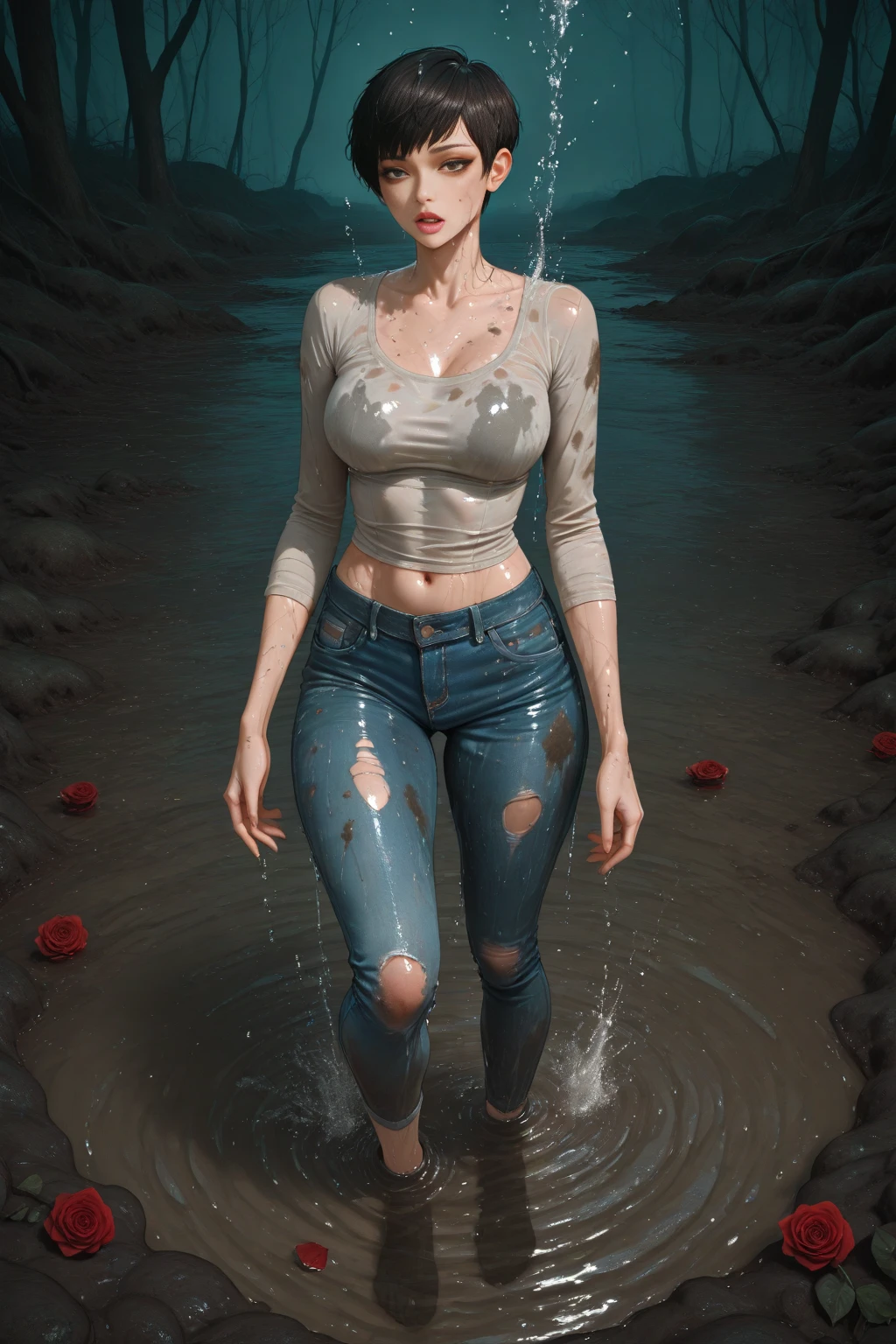 ((highest quality)), ((masterpiece)), (be familiar with), Perfect Face, (High definition), (Best Shadow), 8k, cinematic, (Realistic:1.4),dramatic, ((A woman kissing a gravestone)), ((Covered in mud:1.2)), (Red hair), ((extra short hair)), (Eyes closed), (Mouth open), (Anguished expression:1.1), (Pure white skin:1.1), Voluptuous body, (Large Breasts:1.1), Narrow waist, BIG ASS, Alluring, Drenched white tank top, barefoot, Rain on the skin, Boneyard, Boneyard, (heavy rain:1.4), Heavy rain in the middle of the night, (steam:1.4), Top-down view, Bust Shot ,wet hair,full body,detailed face, detailed hands, full body, long legs,elf woman