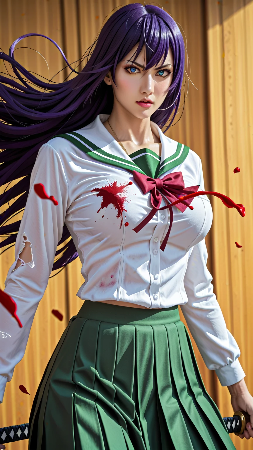 (ultra realistic,32k, masterpiece:1.2),(high detailed skin:1.1),( high quality:1.1),
<lora:miyamoto_rei_v1:0.8>(angry, v-shaped eyebrows:1.1),(eyeliner,long lashes, mascara:1.1),1girl, solo, long hair, brown hair, antenna hair, brown eyes, school uniform, green sailor collar, black bowtie, white shirt, long sleeves, pleated skirt, green skirt, black thighhighs,undead, bvlood, blood splatter, dirty clothing,  explosions, destroyed collapsed  A place battered by time and natural disasters (blurry background:1.2),(looking at viewer, portrait:1.1),,  (huge breast,large breast:1.1),<lora:add_detail:0.87>,full body,
(volumetric lighting:1.1),