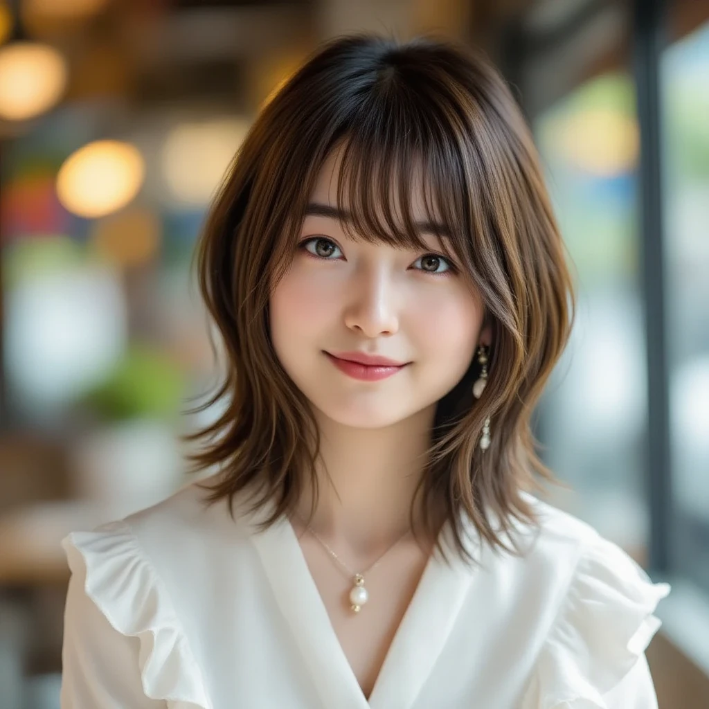 super high quality, Fashion Model, short hair, thin, The staff is working at the counter in the back..., (8k、RAW Photos、highest quality、masterpiece:1.2), Japanese Idols, Serious expression, Shaggy, Brown Hair, Stylish cafe, Fashion magazine shooting, (Realistic、Realistic:1.37), Beautiful Face , Mesh Hair, Normal chest, Urban Cafe, Golden Ratio, A gentle gaze, Spring Clothes, Beautiful hairstyle, White shirt, Dress appropriately, 

