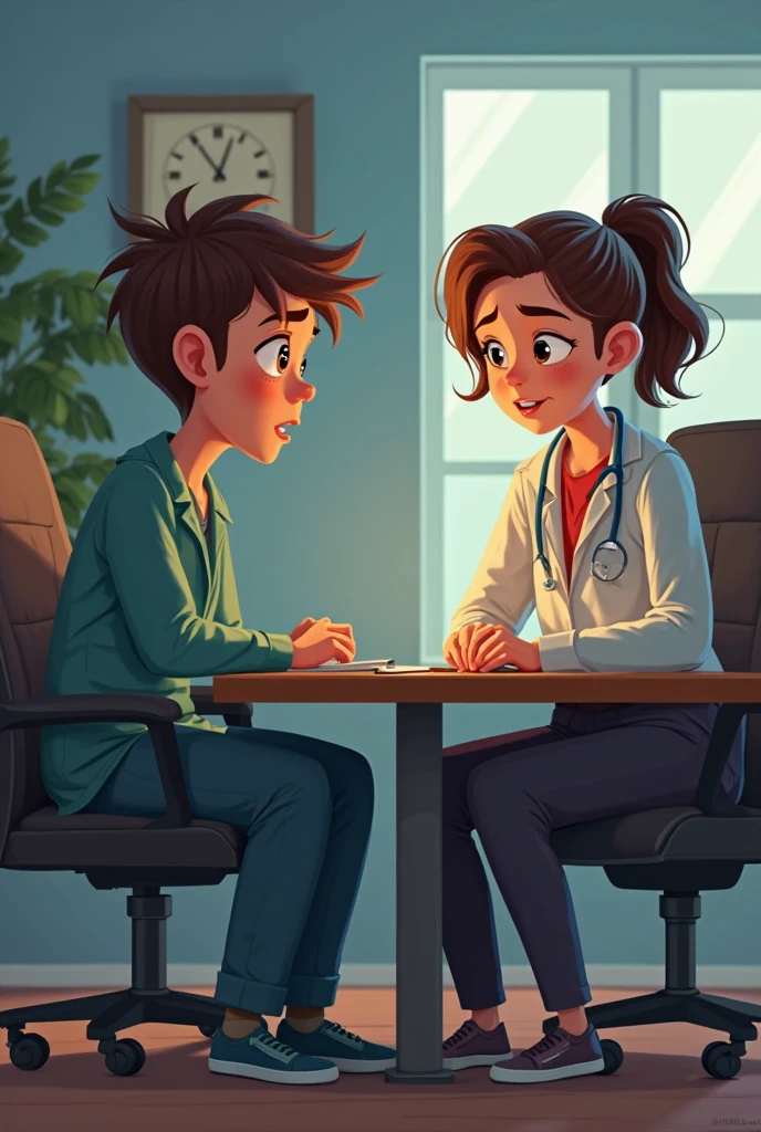 over the shoulder shot of a boy talking to a doctor that seems concernt. the artstyle is cartoon or comic