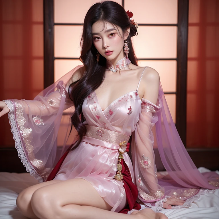 (A glamorous atmosphere)、masterpiece、solo、Very detailed、Very detailed、Ultra-high resolution、Photorealistic、scattered flowers, ((Blouse made of transparent light fabric、胸が大きく開いた淡いpinkのシャツ,,、Tattoo from neck to shoulder Tattoo in the center of the chest Tattoo on both arms))、Upper body、Curly Hair、Hair length、Light brown hair、Exquisite face、The most beautiful woman、Refreshing look、Sexy look、pink、Sophistication、Impersonation face、((Real Art、淡いpinkと淡いオレンジの背景、Look straight ahead、Sleep on your back))