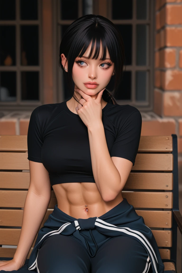 score_9_up, score_8_up, score_7_up, 1girl, solo, mature female, ((Anna Sawai)), (((short black hair))), black eyes, red lips, parted lips, fit slim body,((perfect small erected breast)), (((sport bra, sport shorts))), ((living room)), ((highly detailed perfect straight face with cheekbones)), perfect model body, seductive pose