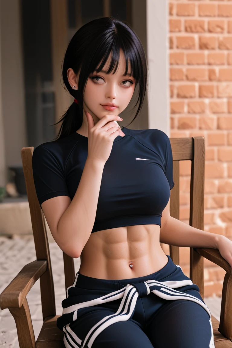 (Muscular:2.5), (thick thighs:1.9), 
(black haired asian girl, tan skin, blue eyes, blunt bangs, long hair:1.4), beauty mark, freckles,
detailed eyes, (big smile:1.6), detailed skin,
(small breasts:1.5),
(choker, light blue shirt, bluejeans shorts, bracelet:1.5),
(upper body view:1.5), (looking at viewer:1.3), (three quarter view:1.4), (from above:1.2), (standing),
(dark bedroom), rim lighting, two tone lighting, dimly lit