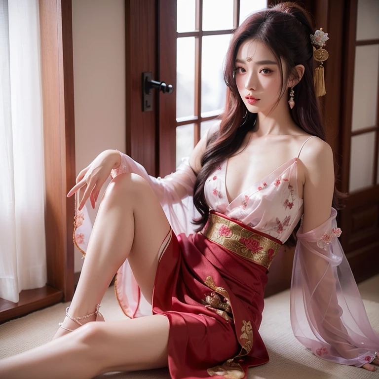 Fashion model 18 years old [[[[Close-up cleavage]]]], [[[[climaxing]]]], [[[[Cole]]]], [[[[bshoulder]]]], perfect  eyes, Perfect iris，perfect lips，perfect teeth，Perfect Skin，with fair skin，slender nose，HighDynamicRange，Movie Girl，(s delicate face)，(Highly defined faces)，delicated face，Pink ancient Chinese costume，(((Raised sexy)))，(((mature)))，(Bust photo），Ancient Chinese bedroom in the background，(sitting on his knees on the bed)，(((Satisfied and excited expression)))，fresh flowers，4K Ultra HD, 超高分辨率, (realisticlying: 1.4), Best quality at best，tmasterpiece，（pastel colour：1.2）