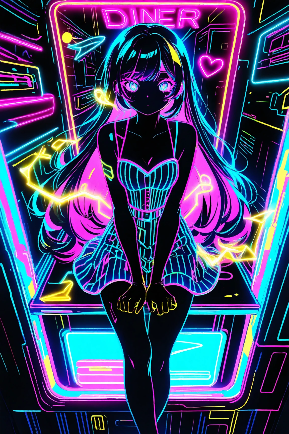 (霓虹lamp)，Circuit Board，colorful nipples，luminescent colors，lamp，girl，Looking at the camera，slime girl，Flowy vest shorts，Towards the wall，Big round eyes，charming，(Ultra HD, masterpiece, precise, Anatomically correct, textured skin, High Detail, high quality, The award-winning, 8k)