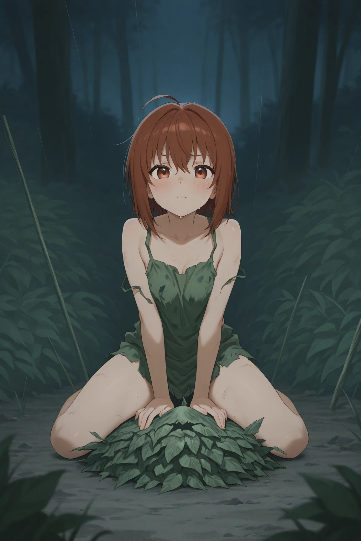 a wild feral light brown haired women on all fours in the forest staring at you with bright yellow eyes