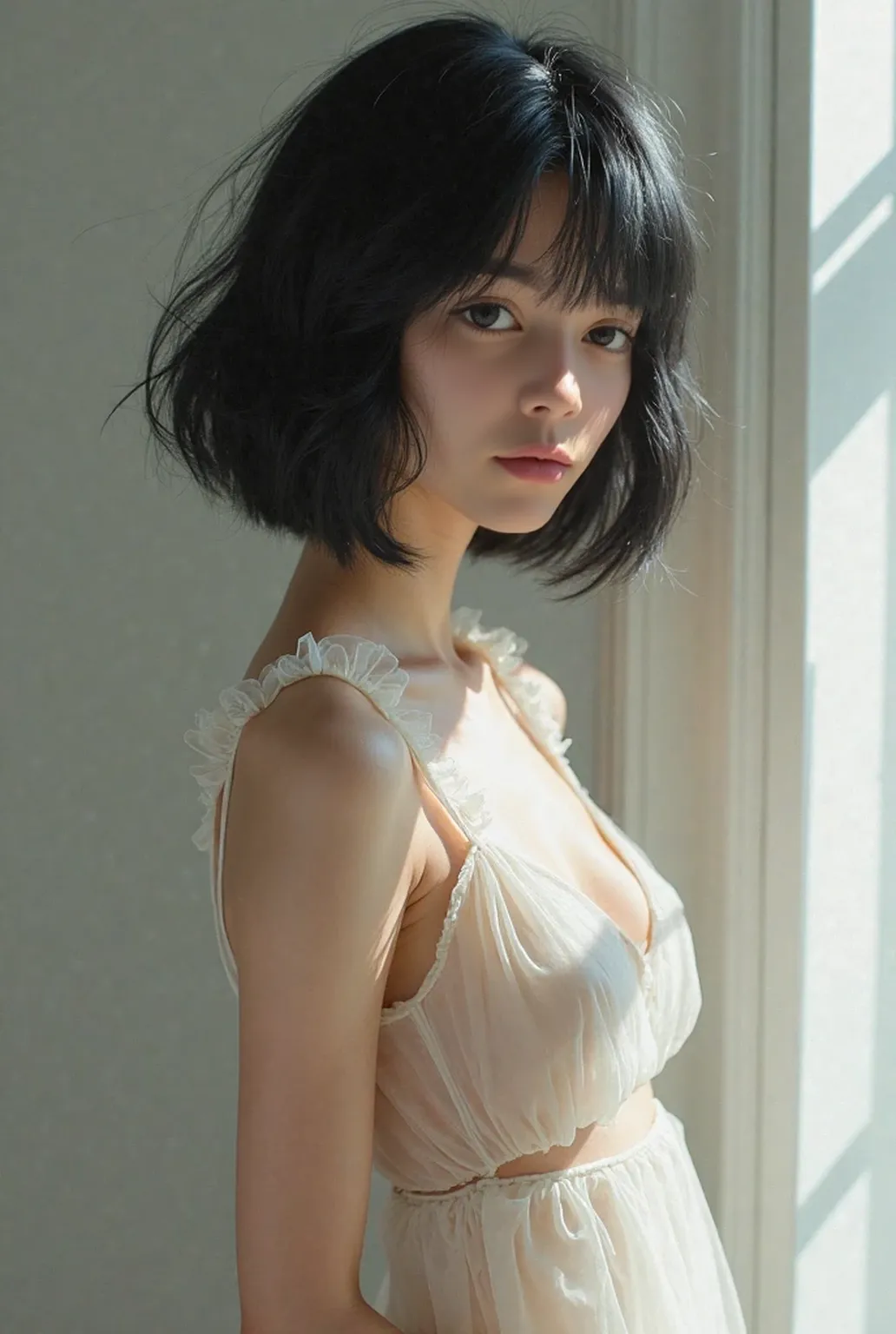 Japanese girl, black hair, The style of marianna rothen, Contemporary photography, a lazy and lovely girl, joyful, young, 18years old, with short hair, sitting on the sofa, Put your hands around her knees, dressed in a black dress, exudes an artist's temperament. , dreamy
