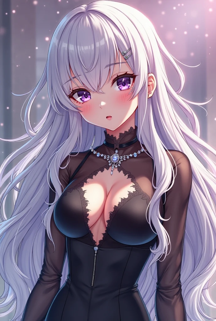 (best quality, ultra-detailed, photorealistic: 1.39), bright and vibrant colors, studio lighting, romantic expression, An effeminate girl, with a delicate and beautiful face. She is a girl who reflects seductive beauty, sparkling eyes, A Beautiful and adult woman and voluminous curly white hair, voluminous and long pigtails, hair clip, crying a seductive 2 woman with big breasts seduces, matches the makeup, with her large breasts seduces, beautiful Beautiful blouse with buttons, jeans, feminine lace belt, with her blue eyes that matches her soft smile, black gothic style, in a beautiful pose demonstrating her seduction in the beautiful room with beautiful decoration, starry night,, night with soft lighting, anime style, like a manwha character