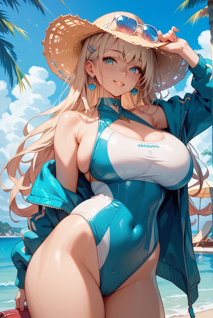 ((top quality, high resolution, highly detailed CG Unity 8K wallpaper)), detailed face, perfect body, incomparable beauty, curvy but slender body, perfect eyes, perfect face, perfect lighting, one girl, detailed castle background, long hair, curly hair, bright beautiful face young, shiny white glossy skin, best beauty, most beautiful bright blonde in the world, fine hair, french updo hairstyle, shining beautiful bangs, shining clear big blue eyes, very beautiful and lovely 17 year old world's most beautiful girl, big ample breasts, ((beautiful smile)), sexually aroused expression, ((sexy white swimsuit)). ((The background is the blue summer sea and water cottages))