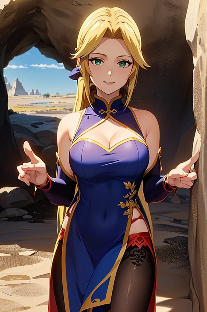 masterpiece, high resolution, best quality, rendered art, beautiful art, well formed fingers and hands, 1 woman, solo, Jean Gunnhildr, blonde, adult, grown up, 31 years old, large and round breasted, cleavage, full body, wearing a Iroha Samurai Spirits cosplay, Iroha_Samurai_Spirits_cosplay, maid hat, choker, fingerless gloves, black tights, sexy and skimpy kimono, pelvic curtain, white maid uniform, dancing seductively and erotically, shaking her body alluringly, looking at the viewer, smiling joyfully and brightly, flirting, beach environment, sweating, bouncing breasts