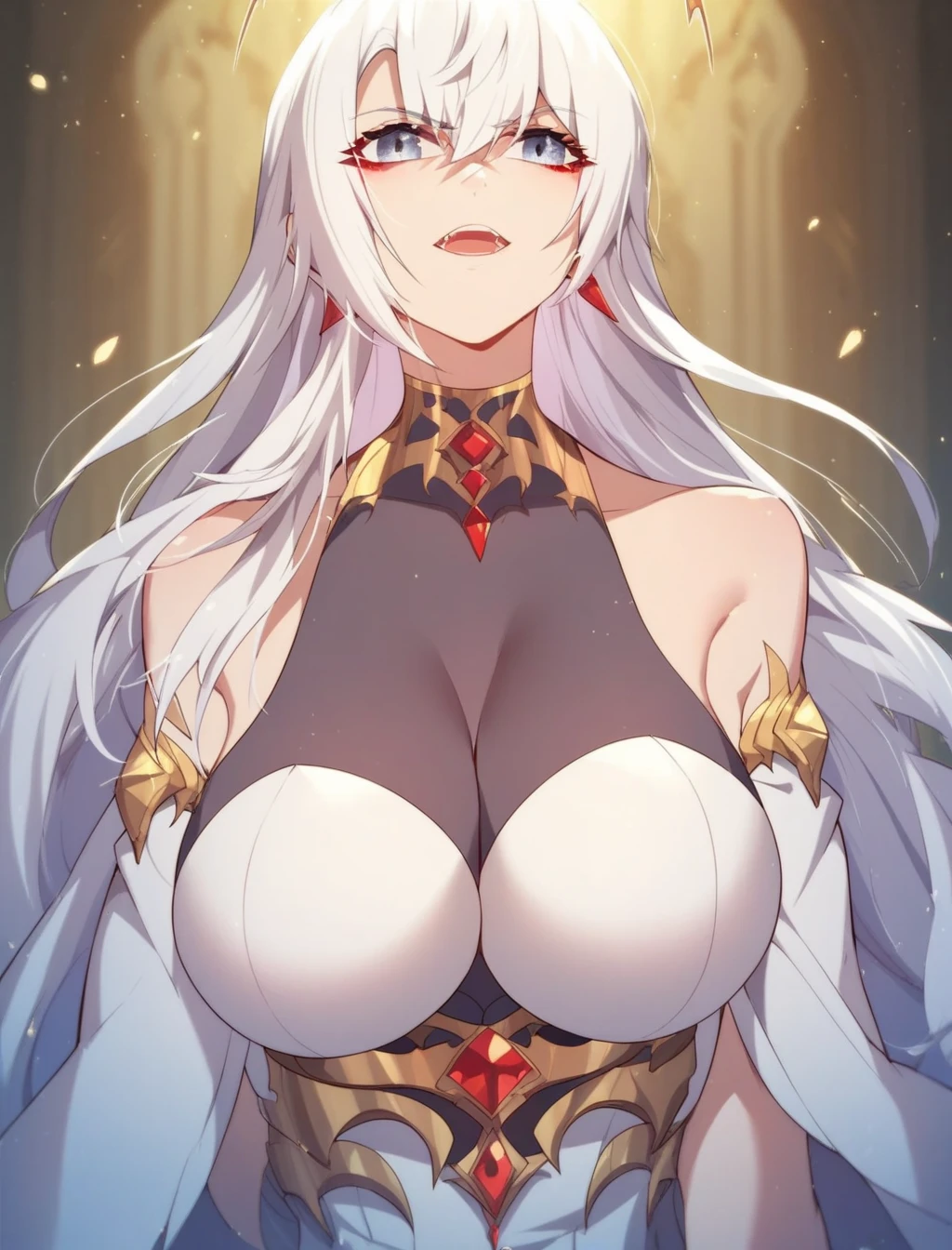 Lian, long white hair, hair stick, bangs, blue eyes, solo, smiling, standing, upper body, hips, bare shoulders,purple thighhighs, red dress, gold jewelry,armor,gloves,circlet, cleavage, red and gold royal castle, gigantic breasts, (best quality, masterpiece, beautiful and aesthetic:1.2, highest detailed face, perfect face,)  eyes, perfect face,expressive eyes,
looking at viewer, in the center of the image,(Upper_body),(Focus on her face),
official art,extremely detailed CG unity 8k wallpaper, perfect lighting,Colorful, Bright_Front_face_Lighting,shiny skin, 
(masterpiece:1.0),(best_quality:1.0), ultra high res,4K,ultra-detailed
