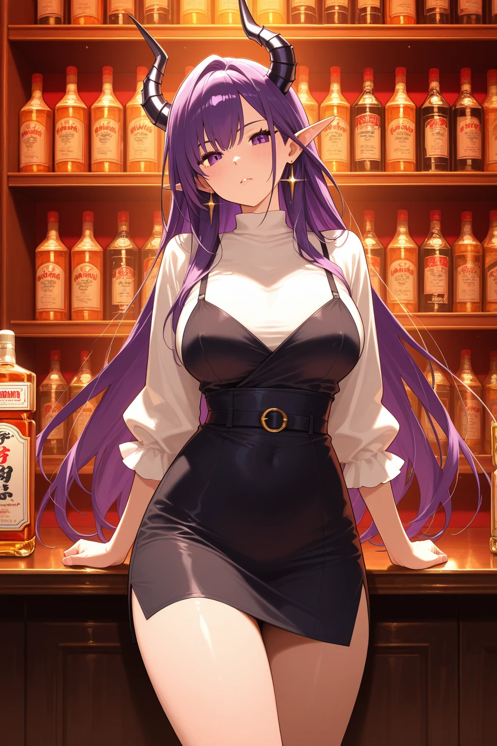 20 year old sexy woman, long purple hair and pink shirt, very big chest, red short skirt , at night, not apartment, on the table with drinks romantic atmosphere (much sexier)
