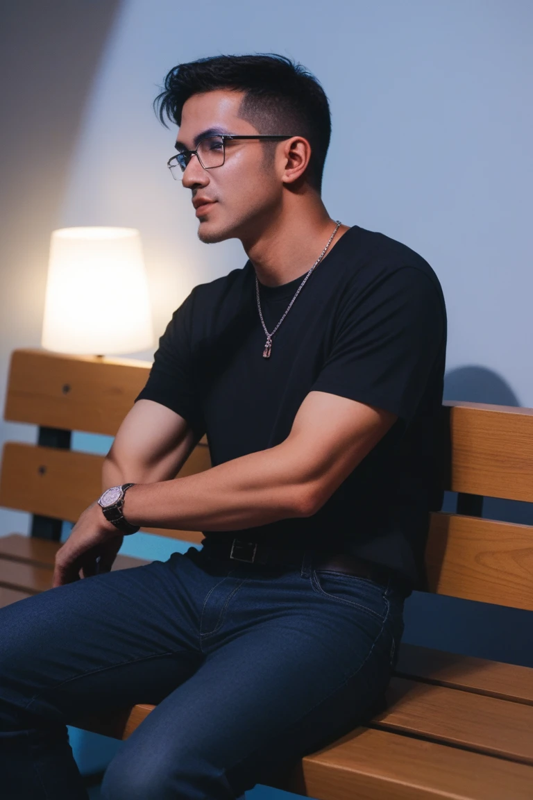 A man is sitting casually in a cafe facing forward wearing a shirt with glasses