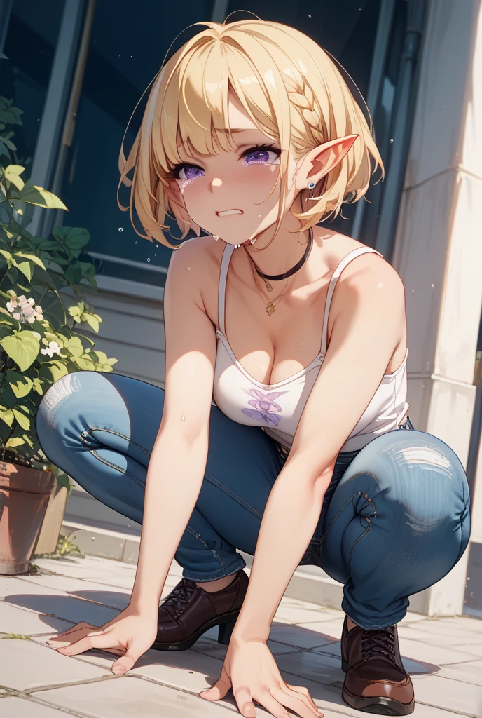 ((Masterpiece)), ((best quality)), (Anime:1.4), (super detail:1.2), (High Definition:1.3), (Professional Photography:1.3), (wide shot), (sharp focus), (perfect light), ((12 years old)), (1girl), cute young girl, (nauhty smile), open mouth, glitter eyes, (Beautiful purple eyes:1.2), (dark skin), elf girl, ((white buttoned shirts)), undress buttoned shirts, small breast, cute navel, exposed neck and Beautiful collarbone, (Healthy slim body), (loose blunt bangs), loose braids hair, (medium hair), ((beautiful blond hair)), short shorts, BREAK, ((best quality)), sitting on the steps, (waving hand), ((in the Mossy graveyard)), (super detail:1.2), sunnyday,