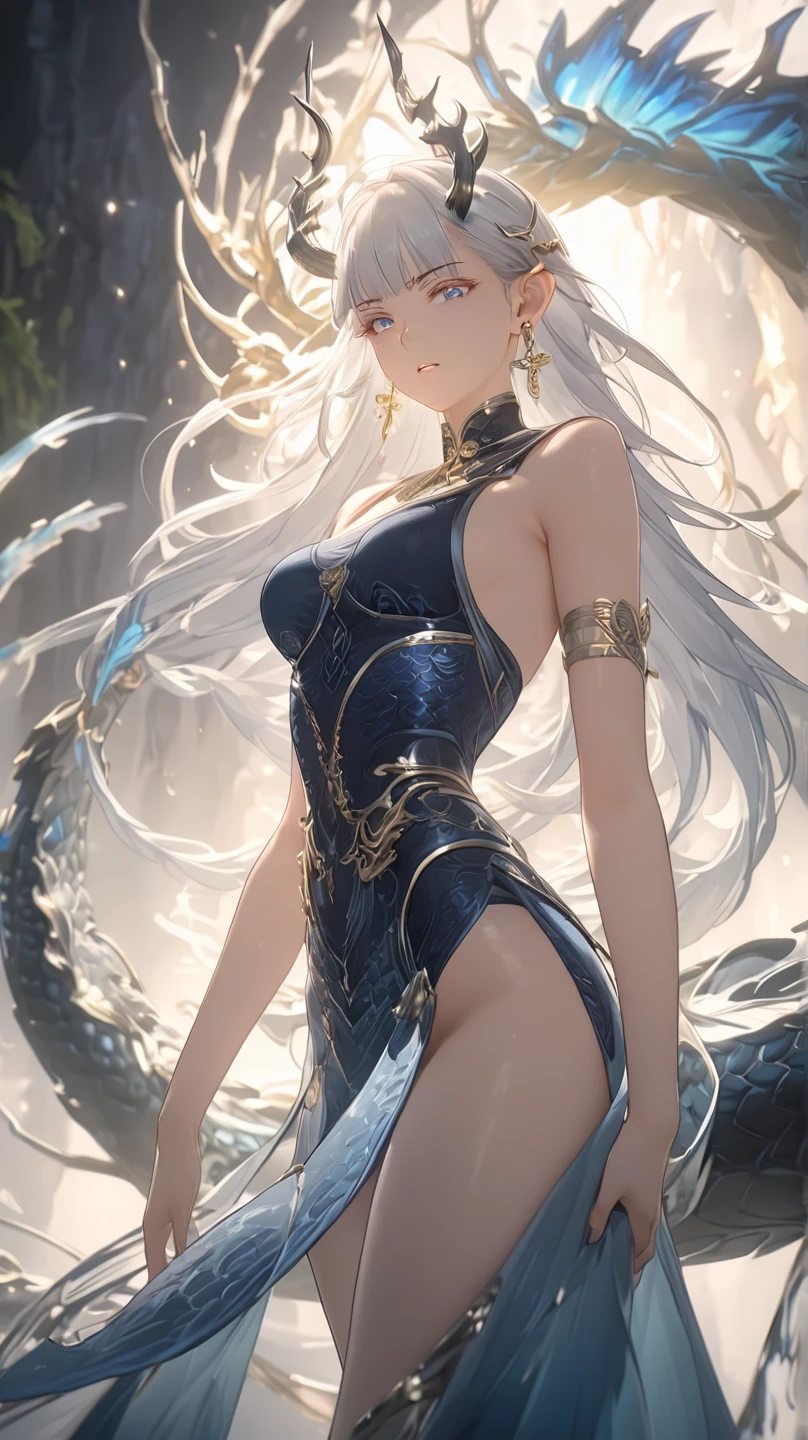 S-Snake, the Seraphim clone of Boa Hancock, boasts a striking and alluring appearance, meticulously designed with intricate details that captivate the eye. Here's a detailed description of her appearance:

Head:

S-Snake's head is adorned with luscious, flowing locks of hair, cascading down in a mesmerizing display of ebony strands. Her hair, reminiscent of serpentine coils, frames her face with an air of elegance and allure.
Her facial features are exquisitely sculpted, reflecting a combination of beauty and a hint of mystique. High cheekbones accentuate her regal countenance, while her sharp, almond-shaped eyes gleam with an enigmatic allure, shimmering like polished onyx.
Long, delicate eyelashes fan out from her eyelids, adding a touch of femininity to her gaze. Her eyes, imbued with a captivating charisma, seem to hold a depth of secrets and untold stories within their depths.
S-Snake's lips, painted with a subtle hue of crimson, curve into a serene yet beguiling smile, evoking a sense of both warmth and danger.
Torso:

A slender and graceful neck extends from her captivating visage, leading down to a graceful collarbone and shoulders that exude an air of poise and confidence.
Her attire, a testament to both sophistication and sensuality, consists of a form-fitting ensemble that accentuates her curves with tantalizing precision. The fabric, adorned with intricate patterns reminiscent of snake scales, shimmers with a subtle iridescence, lending an ethereal quality to her appearance.
Embellishments of gold and jewels adorn her attire, adding a touch of opulence to her ensemble. Delicate chains drape elegantly across her torso, emphasizing her graceful silhouette and drawing attention to her slender waist.
Limbs:

S-Snake's arms, slender yet graceful, exude an aura of strength and agility. Her movements are fluid and precise, reminiscent of a serpent poised to strike.
Her hands, adorned with ornate jewelry and manicured nails painted a deep shade of crimson, posse