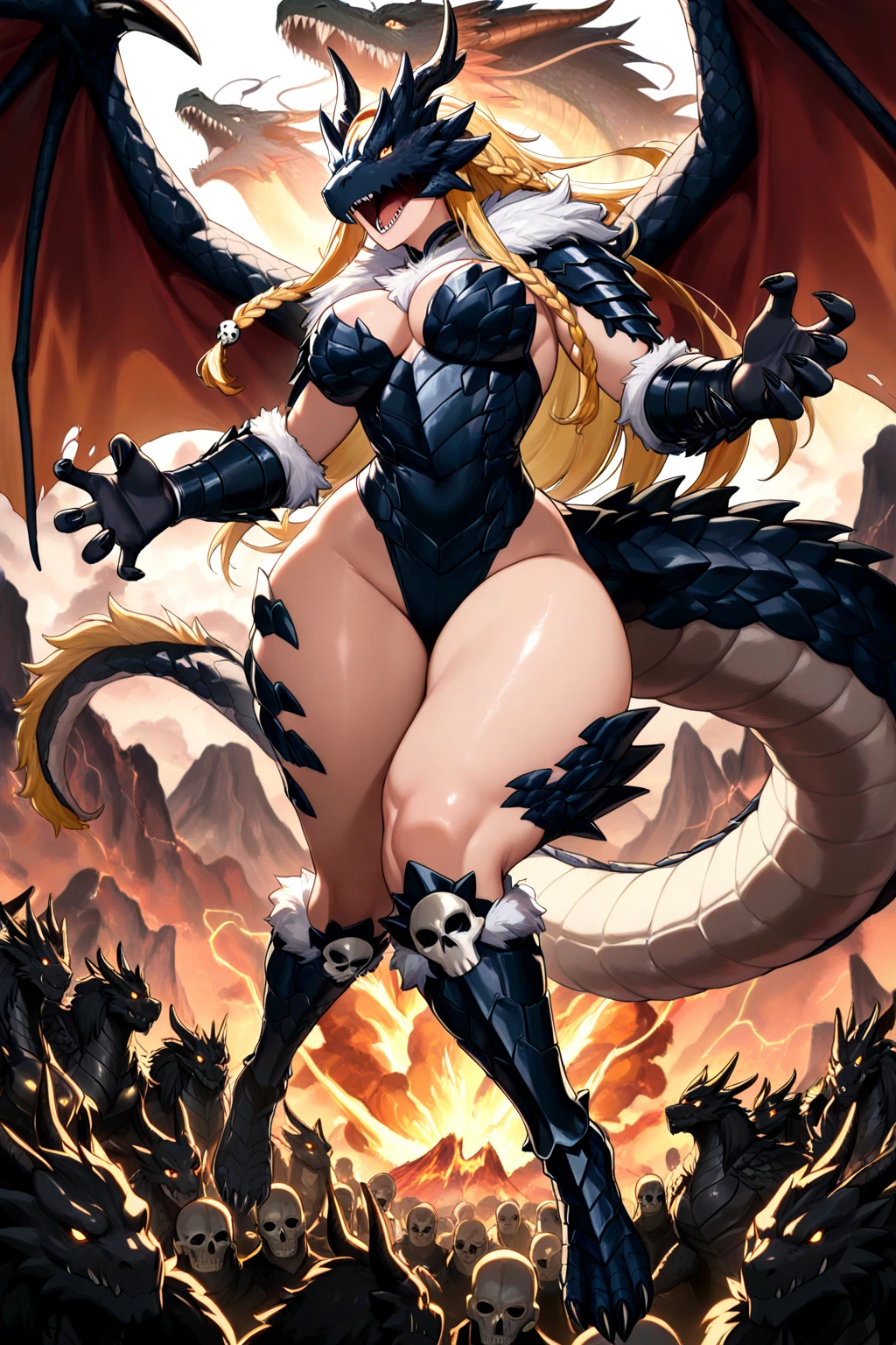 Lamia, lamia queen, long blonde hair, very long hair, long hair with pig tails, hair between eyes, huge breast, claws, light skin, red eyes, slit pupils, black scales, red crown, brimstone amulet, giant girl, demon girl, female beast, monster girl, naga, dark goddess, demonic, black horns, 4 horns, demon queen, sharp scales, multicolored hair, red hair, black gothic dress, full body, evil, slit pupils, mother, red lipstick, labyrinth, magma, lava, flame elemental, spiky scales, basilisk lamia