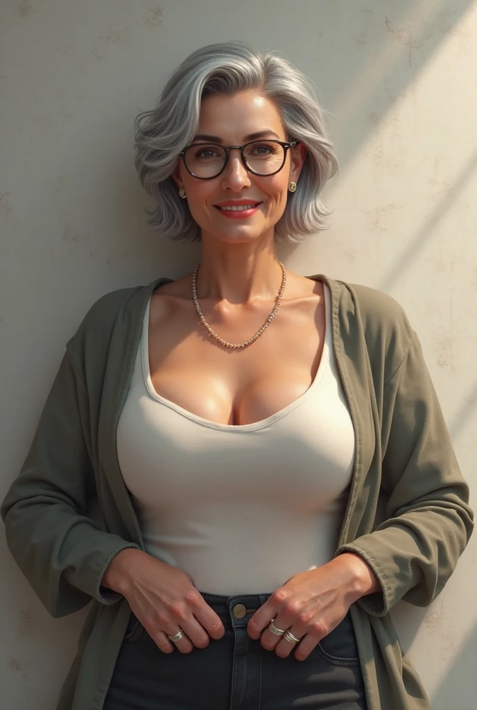 spectacled curly long grey hair older mature lady in unbuttoned silk very tight skimpy midriff-shirt, (abs:1.4), she is a world class BJJ expert with decades of grappling experience, (wearing light blue small panties), add_detail:1, ((beautiful feminine face)), (((ready to suck you off:1.5))), (perfect lighting), (((sultry look)))