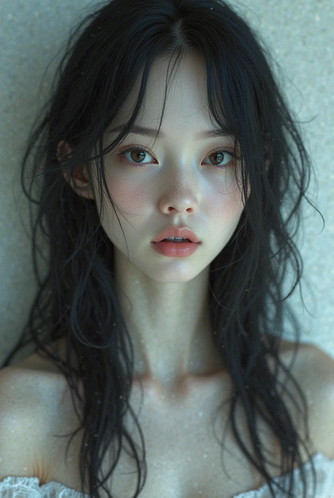 Upper
body portrait of a  girl with (black hair:1.3) with (white hair highlights:1.2), gradation color) , beautiful detailed eyes, beautiful detailed lips, extremely detailed face, long eyelashes, (two-colored hairstyle:1.2), slim body, sagging , warm ambient, intricate details, cinematic composition, highly detailed, photorealistic, digital art, vibrant colors, natural lighting, ethereal, simple color background, seen from above, photon mapping
