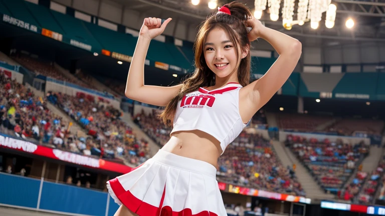 ((最high quality, 8K, masterpiece: 1.3, Ultra HD, high quality, 最high quality, High resolution, realism)) 、Very beautiful 22 year old Caucasian woman、Hair Color: Blonde、Blue Idium Hair、Straight hair、smile、Slim but well-proportioned body、Athlete-like figure、I want to keep my head out of the screen.、Wear accessories on your wrist、Put an anklet on your ankle、Wearing red nail polish、Having a pedicure、Being a cheerleader、Hold pom-poms and wave your hands in the air, They dance the cheer dance