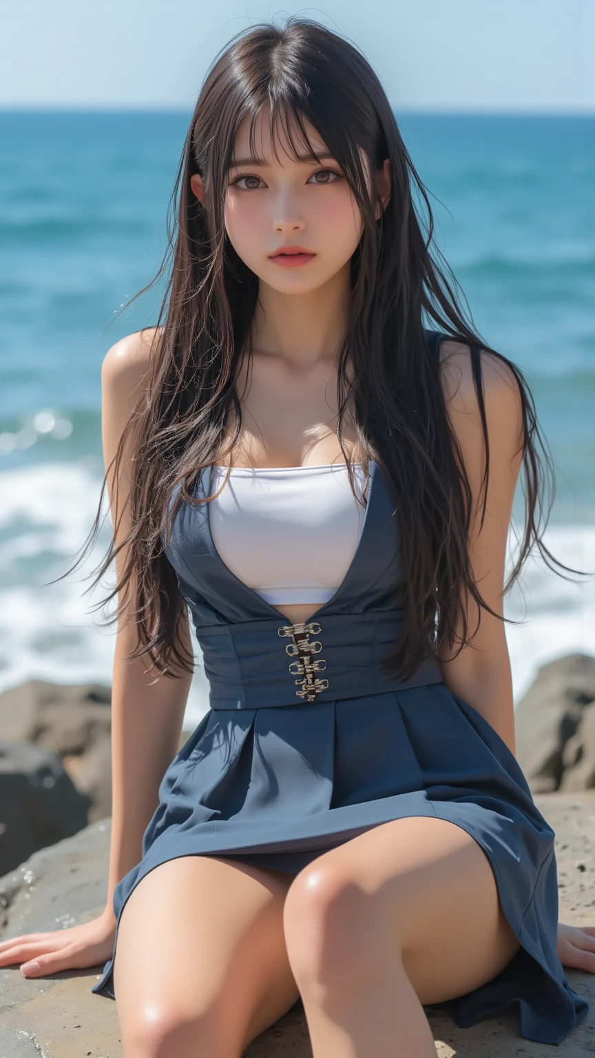 Beautiful woman with perfect body:1.4,Layered Hairstyle,Prominent cleavage:1.2,Highly detailed face and skin textures,Double eyelids,Skin Whitening,Long hair,Whitened long legs,Standing by the sea,Blue sky and white clouds(Vest,Pleated Skirt)