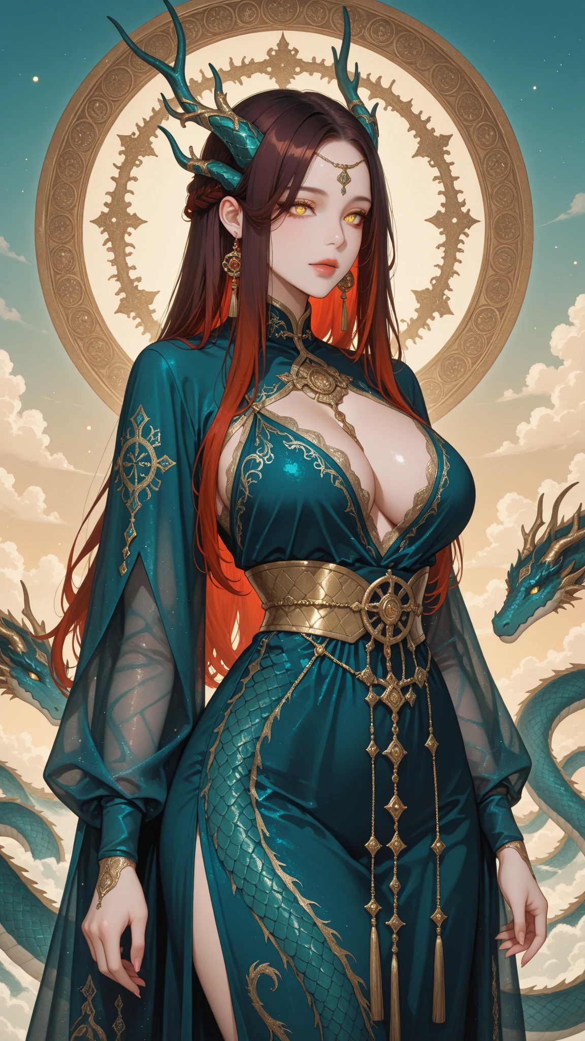 Beautiful in Hanfu with lake in background, girl standing with cyan Chinese dragon, (Dragon: 1.4), Dragon Facing Lens, (Realistic, Photo Realistic: 1.3), Extremely Delicate and Beautiful, Amazing, Fine Detail, (Best Illustration), (Best Shadow), Intricate, Behind a Cyan Chinese Dragon (Dragon: 1.4), Water Surrounding, Lake Water in Background, Black Mountains, Trees, Wind, Long Wavy Body, Fangs, Fantasy, Mythology, High Quality, Highly Detailed, Epic, Particle Effects, Dynamic Effects, Surround), Clouds, Sunset, Sharp Focus, Volumetric Fog, 8K Ultra HD, DSLR, High quality, (Film grain: 1.4), Fujifilm XT3,Official Art, Unity 8K wallpaper, Super detailed, Beautiful and beautiful, Best quality, (Tangled, entangled), (Fractal Art: 1.4), 1 girl, Chinese, gorgeous hanfu skirt, calf, navel, very detailed, dynamic angle, denim lenost beautiful chaotic shape), flowing, (bright colors), OC, (half: 1.2), china, (tape: 1.3), (dream: 1.5), (Hanfu: 1.5), (Smile: 0.5), (Chinese God 1.3), Complex, Ultra Detailed, (Skin Dents), Female, Detailed Body, (Detailed Face: 1.1), (Contour Iris), (Watercolor Lenses), (Perfect Eyes), Gorgeouasterpiece: 1.2), (Best Quality: 1.2), Wide Buttocks, Thick Thighs, (Big Tits: 1.2) and (Big Breasts: 1.2), Detailed Background, Cinematic Light, Best Shadow, Cute Detail Face, Dramatic Light, Intricate details, flowing long hair, ethereal light, wide angle, solo, full body, colorful, flame, charming, enchanting, mature woman, thin waist, gorgeous goddess, Buddha-figure, absurd long hair, pale gold eyes, looking at the audience, delicate pattern, precious stone, gold, diamond, fine feathers, volumetric light, holiness, backlight, opposite, girl with antler decoration on her head, girl with black hair, hair bobbles, wince, longeyelashes, solid circle eyes, fake animal ears, light smile, ear blush, fang, China Dragon, Take a photo with the Chinese dragon, Behind the girl stood a Chinese dragon, There are splashing scenes, water bloom, The picture has tensio