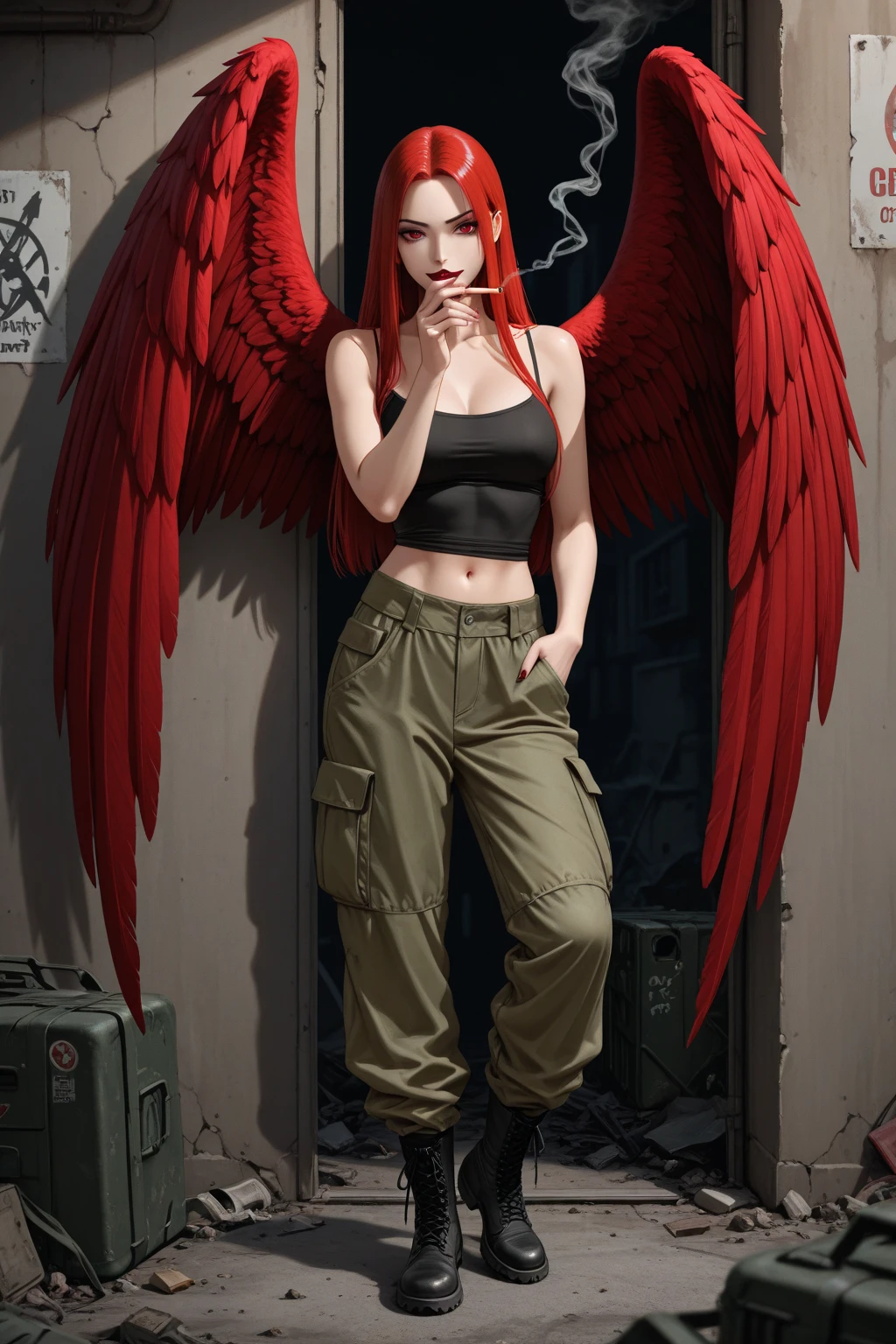 high quality 4k, a demon girl, a fallen angel with bright red wings behind her back, in a miniskirt, in a short top, very beautiful, she looks 18 years old, red hair falls from her shoulders, all this against the background of a detailed black hole in red tones