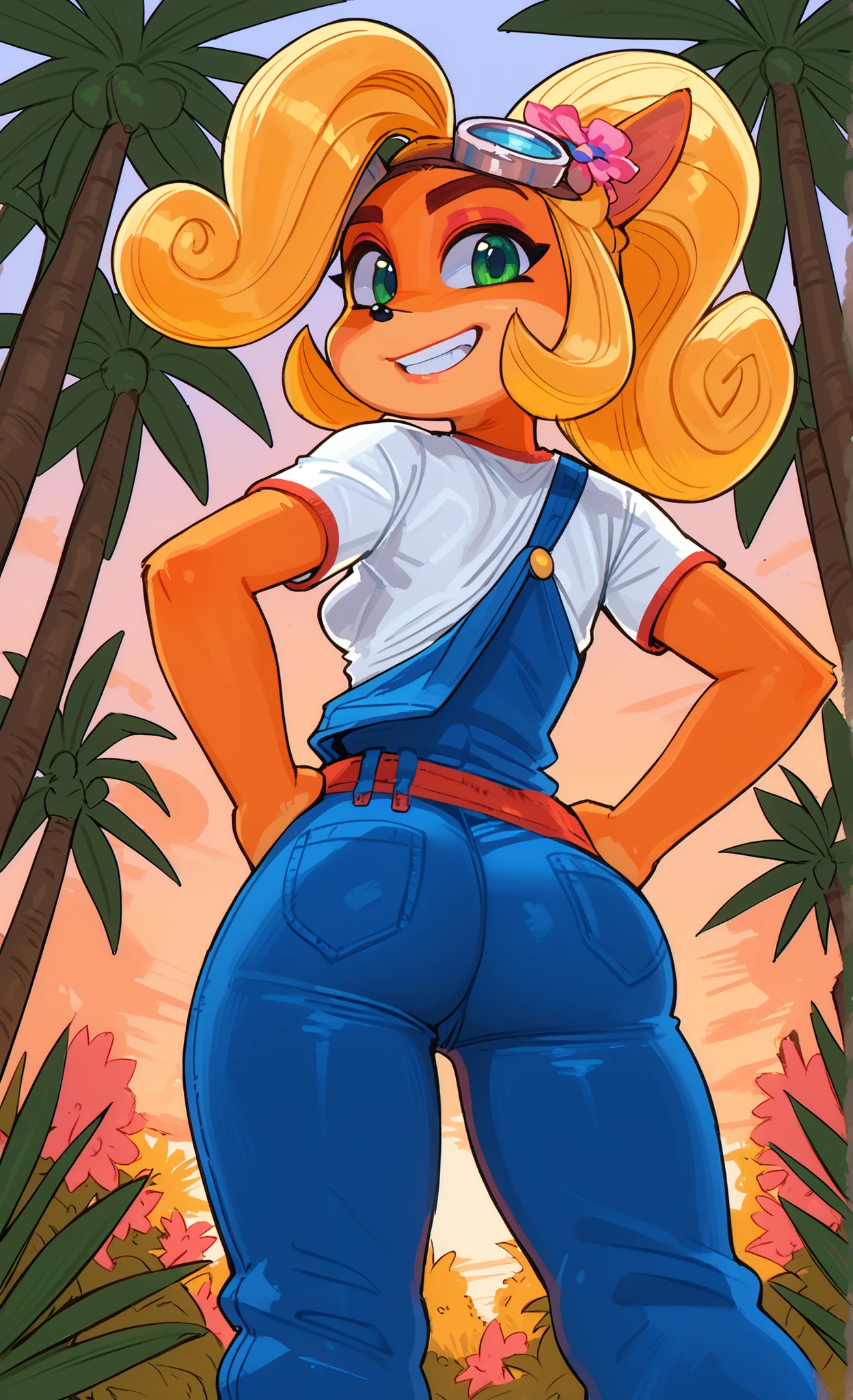 ((Coco bandicoot)), ((pixelsketcher:0.8)), ((wamudraws)), (solo portrai, low angle, back view), (attractive figure, small breast, beautiful legs, orange fur, beige underbelly, black nose, cute green eyes, short eyelashes, blonde hair, curly ponytail, curly bang, confident grin), (white t-shirt with red lining, overalls, back pockets, goggles on head, pink flower in hair), (standing, hands on hips, tilted hip, looking at viewer), (tropical forest, sunset)